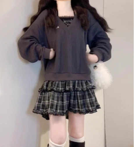 ربيع الخريف حجم كبير كلية محبوك الفرنسية منقوشة فستان قصير Y2k فتاة وهمية قطعتين طويلة الأكمام فساتين كعكة اليابانية #6