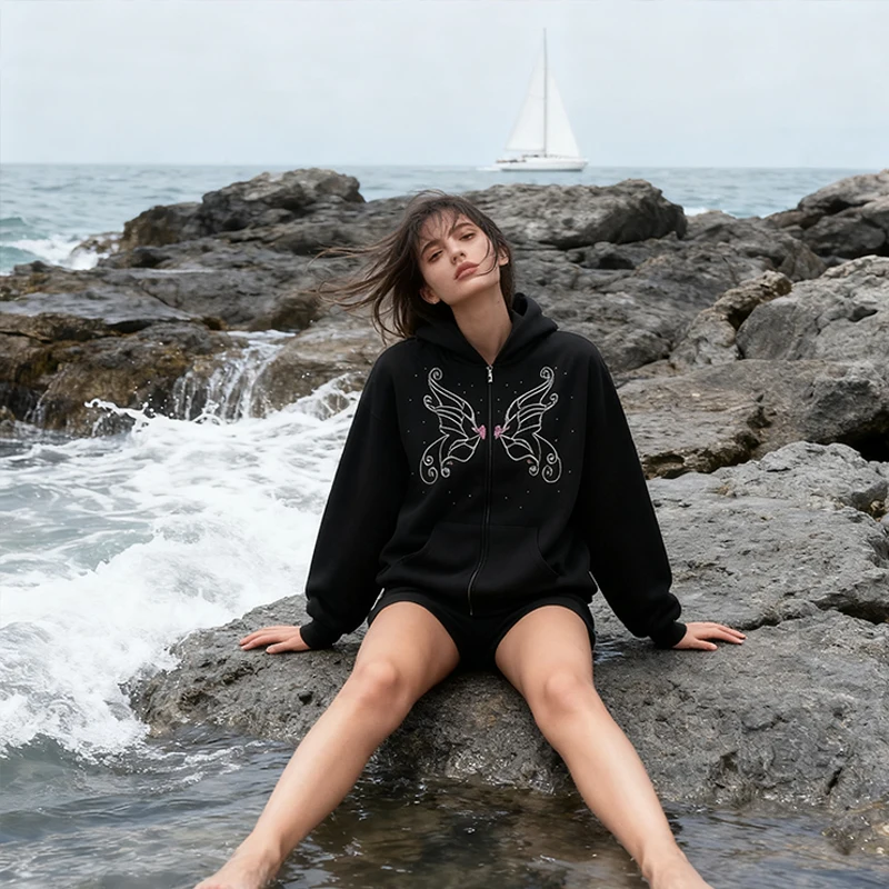 Grafica con strass a farfalla gotica Harajuku Hip Hop ﻿   Streetwear Giacche moda donna Cappotto Punk Y2k Felpa con cappuccio vintage con zip nera