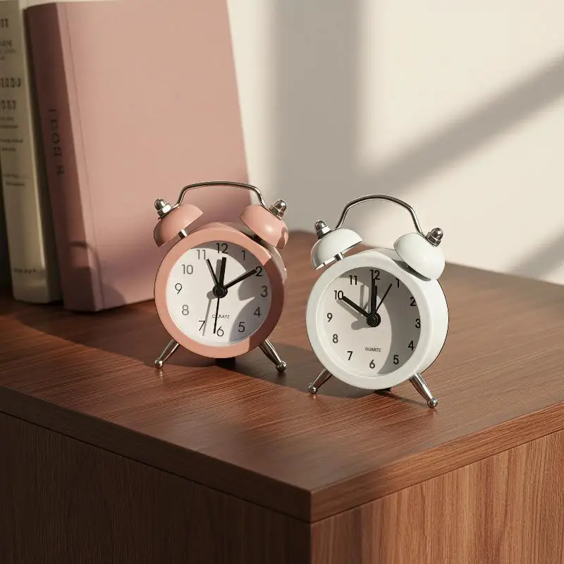 Mini Retro Twin Bell Alarm Clock Simple Desktop Wake Up Clock Small Desk Clock For Students Bedroom Office Home Table Decor