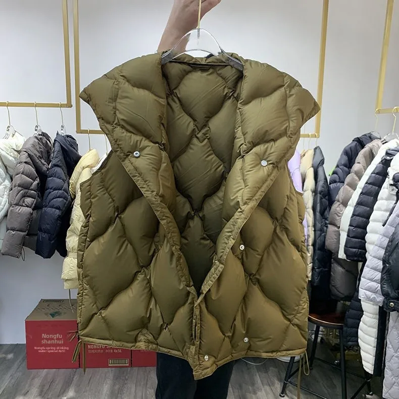 Thickened White Duck down Puffer Vest Soft Cozy Winter Jacket Commute Style with Pocket Polyester Fiber Hooded Regular Length
