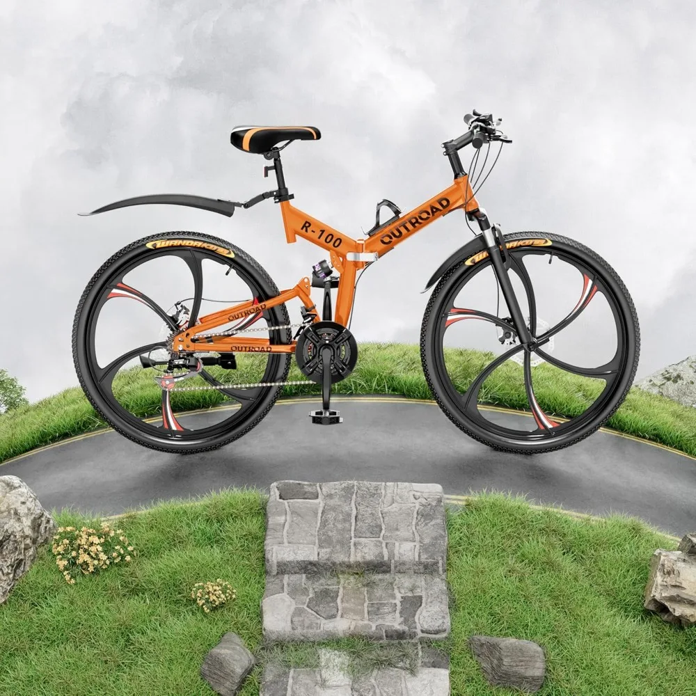 26 Inch Folding Mountain Bike, 21 Speed Full Suspension High-Carbon Steel MTB, Dual Disc Brake Non-Slip Folding Bikes