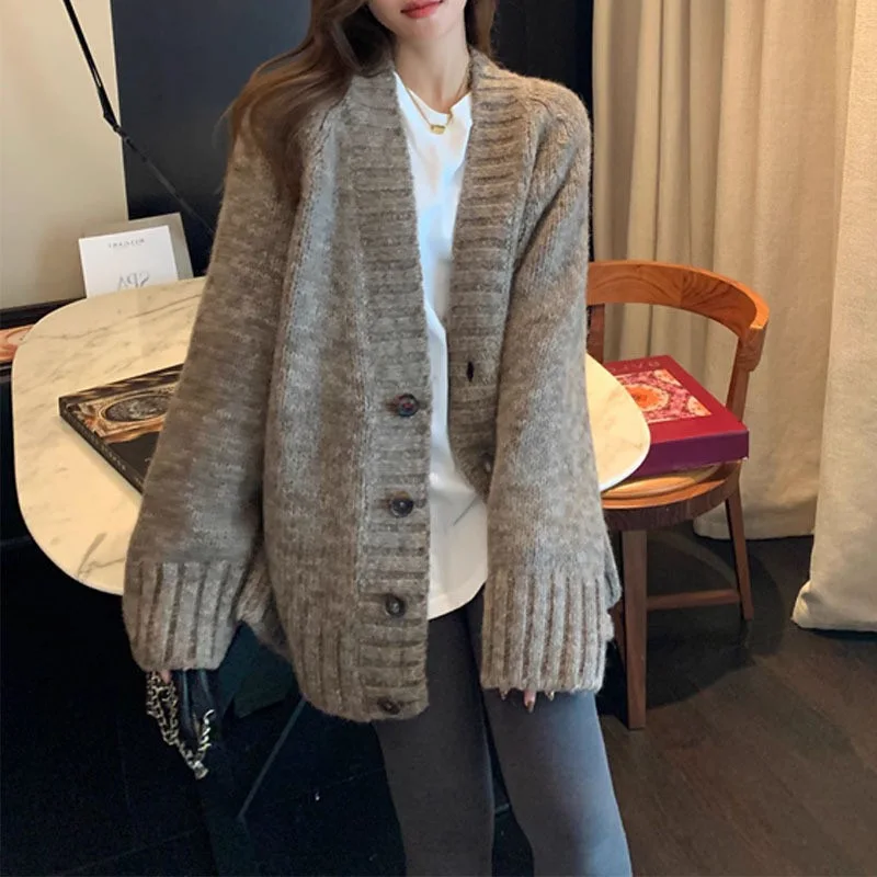 Frauen Pullover Strickjacke Solide Stricken Pullover Lose V-ausschnitt Einreiher Elegante Casual Outwear Gespleißt Dame Herbst Winter