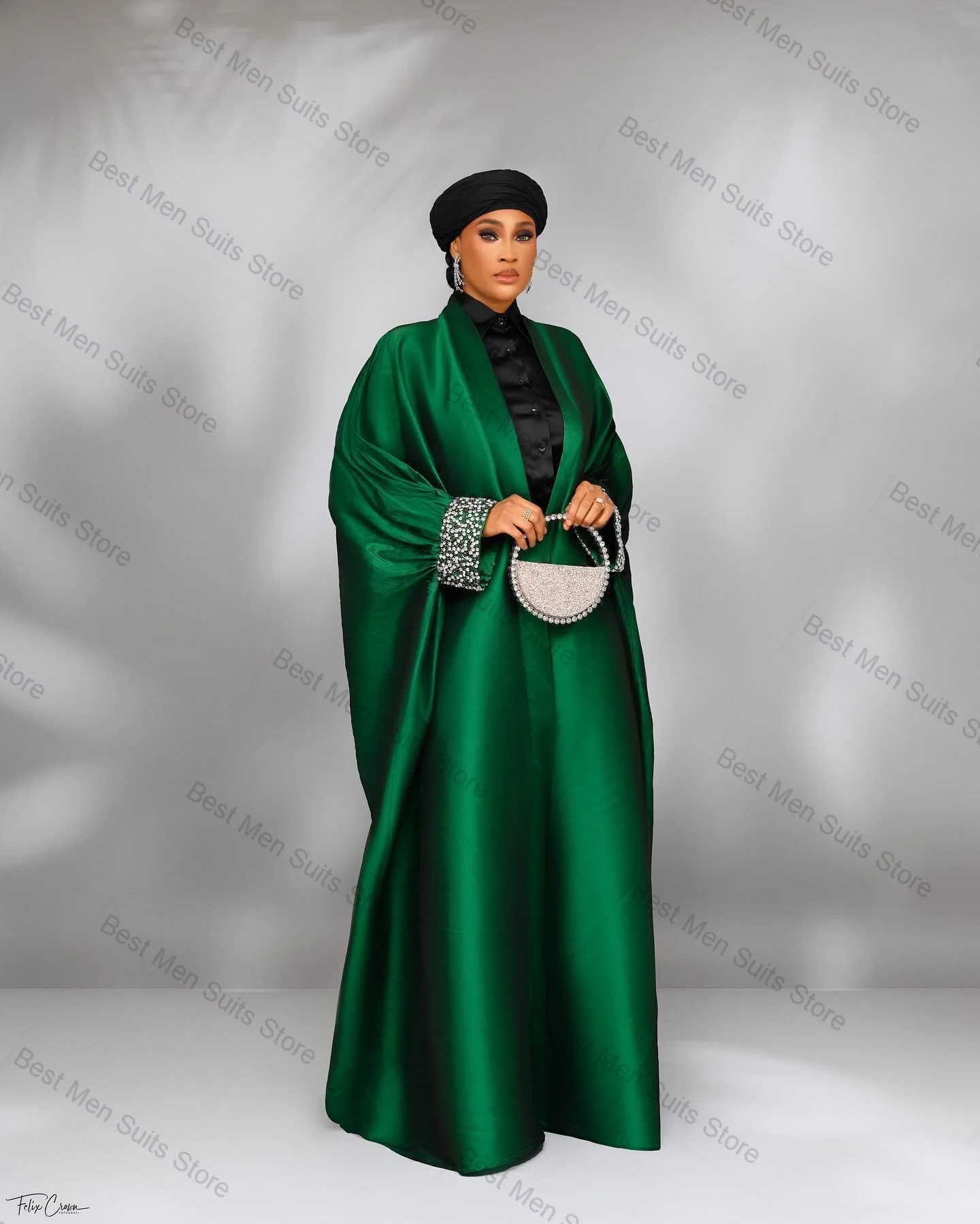 

Green Satin Women Suit 1 Pcs Blazer Long Robe Luxury Crystals Formal Office Jacket Customized Wedding Tuxedo Prom Dress Coat