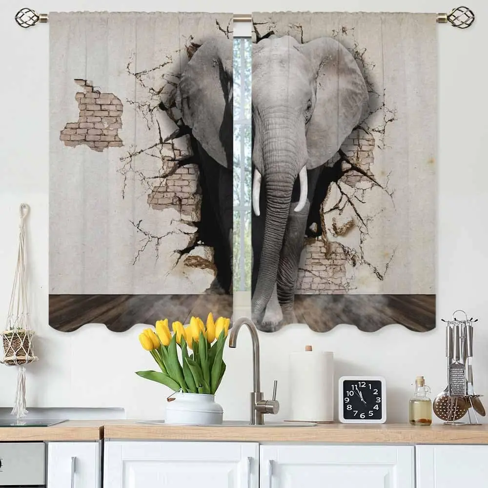 Elephant Kitchen Curtains Elephant Coming Out of The Walls Art Design Short Tier Curtains for Bathroom Cafe Small Window Drapes