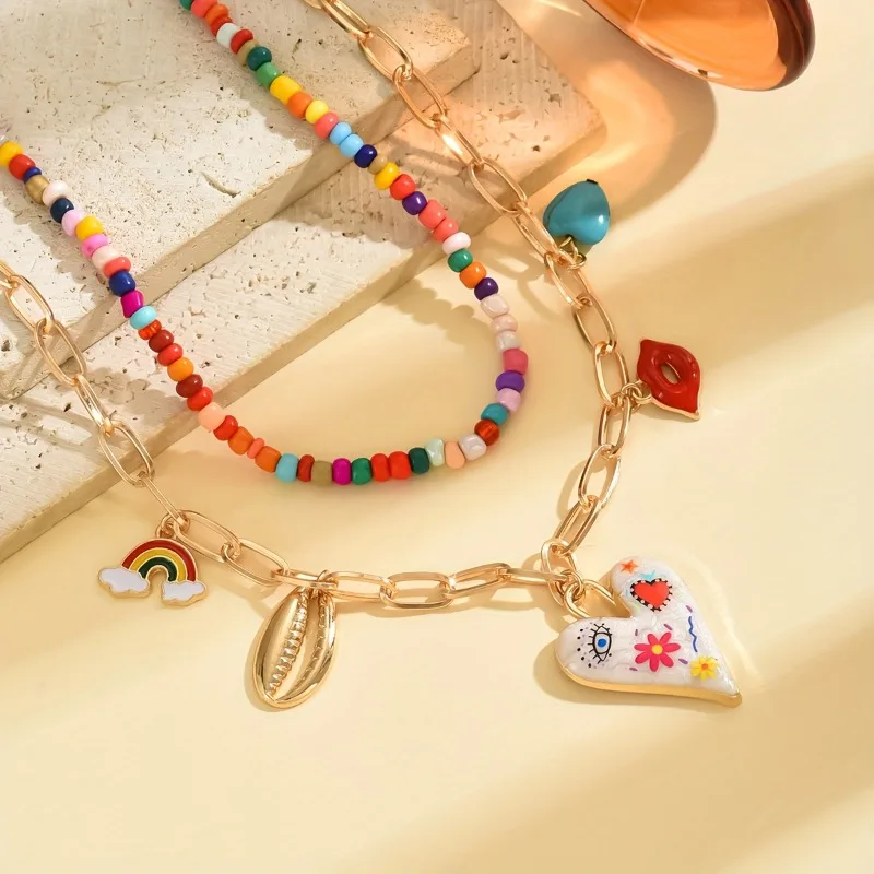 Fashionable Jewelry Adorned Gorgeou Painted Heart Shells Multiple Pendants Bead Collarbone Necklace Women Street Style Vacation