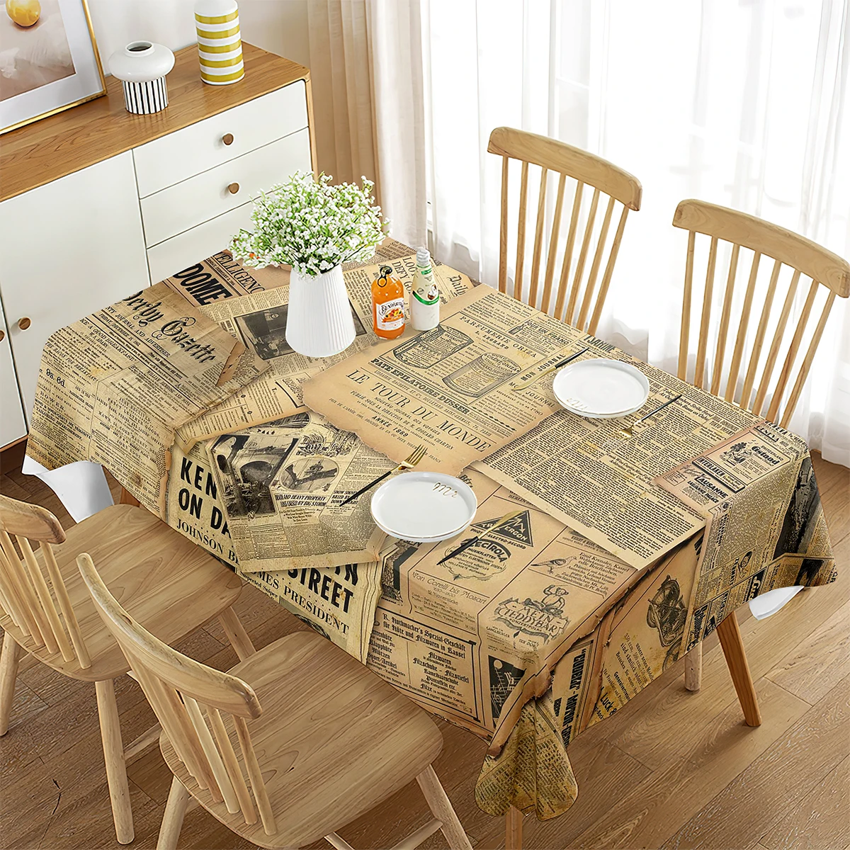 Vintage Newspaper Tablecloth,Old Historic Journal French Paper Lettering Art Design, Dining Room Kitchen Rectangular Table Cover