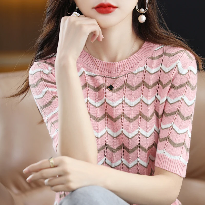 Summer New Knitwear Women's Round Neck Pullover 100% Cotton Loose Stripe Spliced Hollow Comfortable Style Knitted Half Sleeves