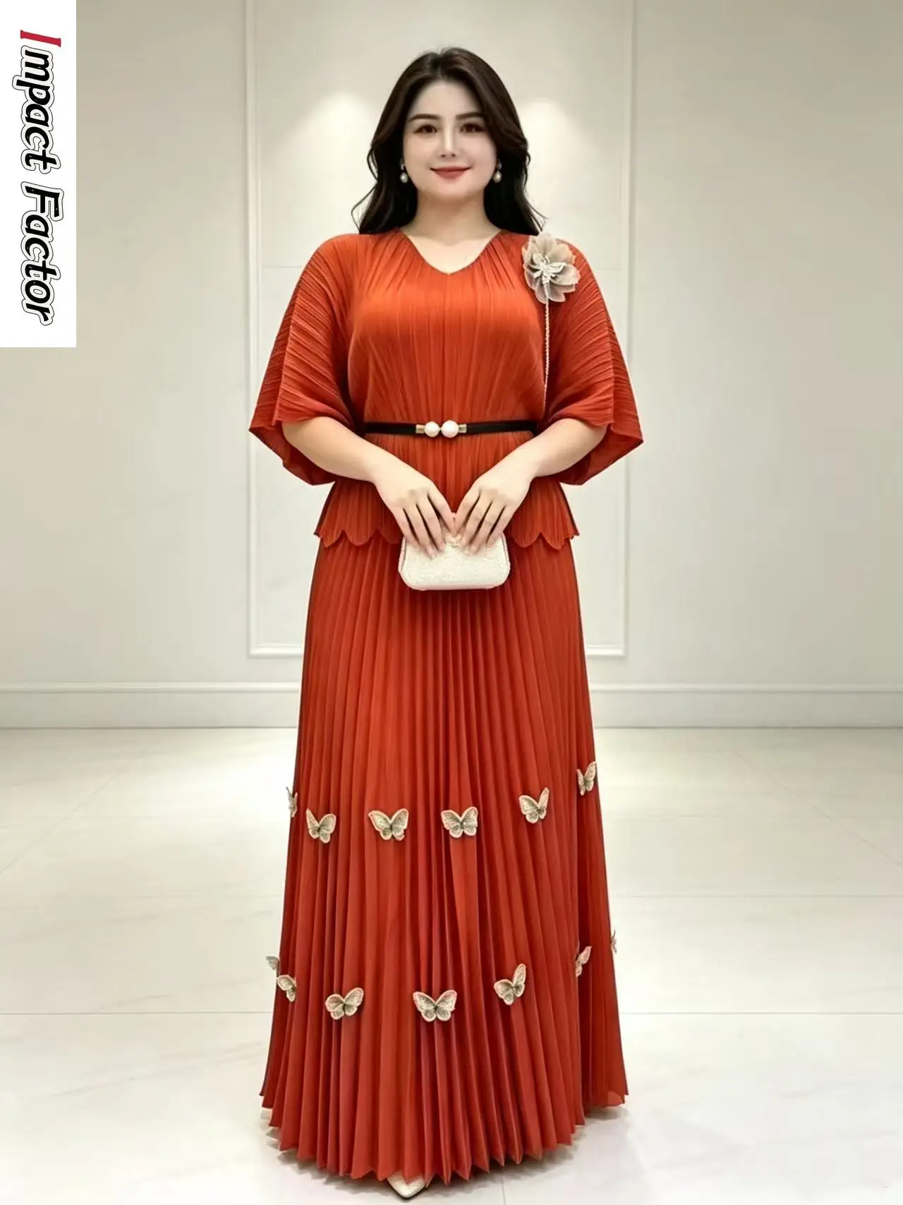 2026 Miyake Summer New Women's Dress Set Printed V-Neck Fashion Loose Folded Long Dress Two-piece Set