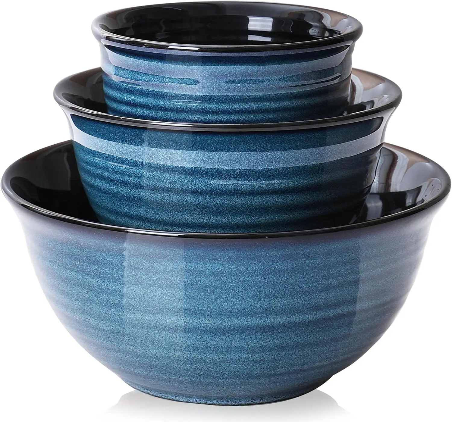 

Ceramic Mixing Bowls Set of 3, Microwave Safe Nesting Bowls for Kitchen Baking & Serving, Retro Design Blue