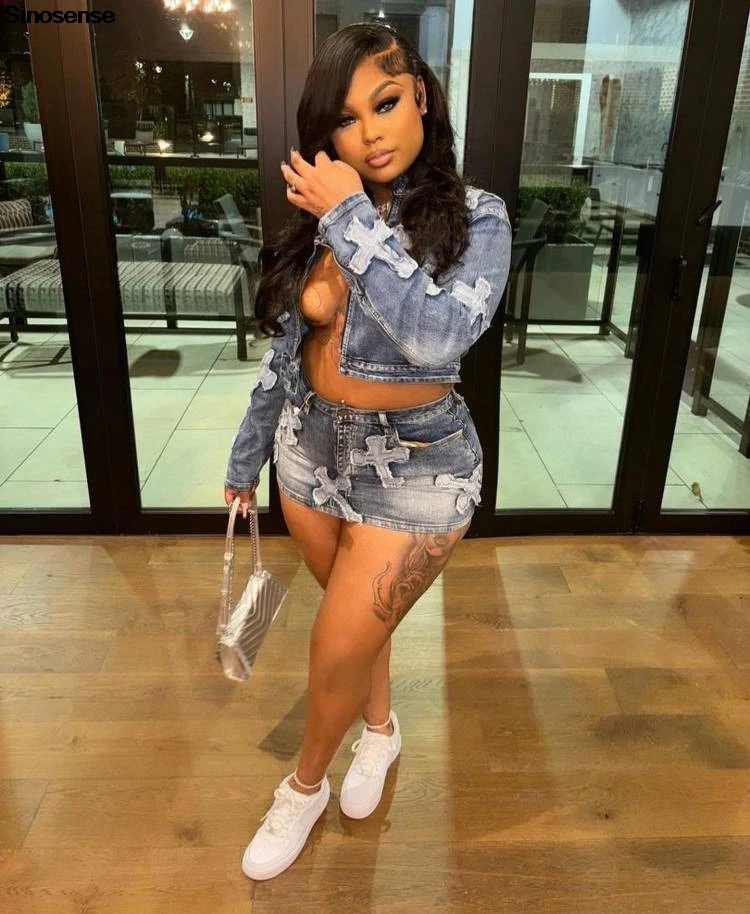 Women Embroidery 2 Piece Denim Skirt Set Long Sleeve Zipper Jean Jacket And Bodycon Mini Skirts Y2K Night Out Club Party Outfits