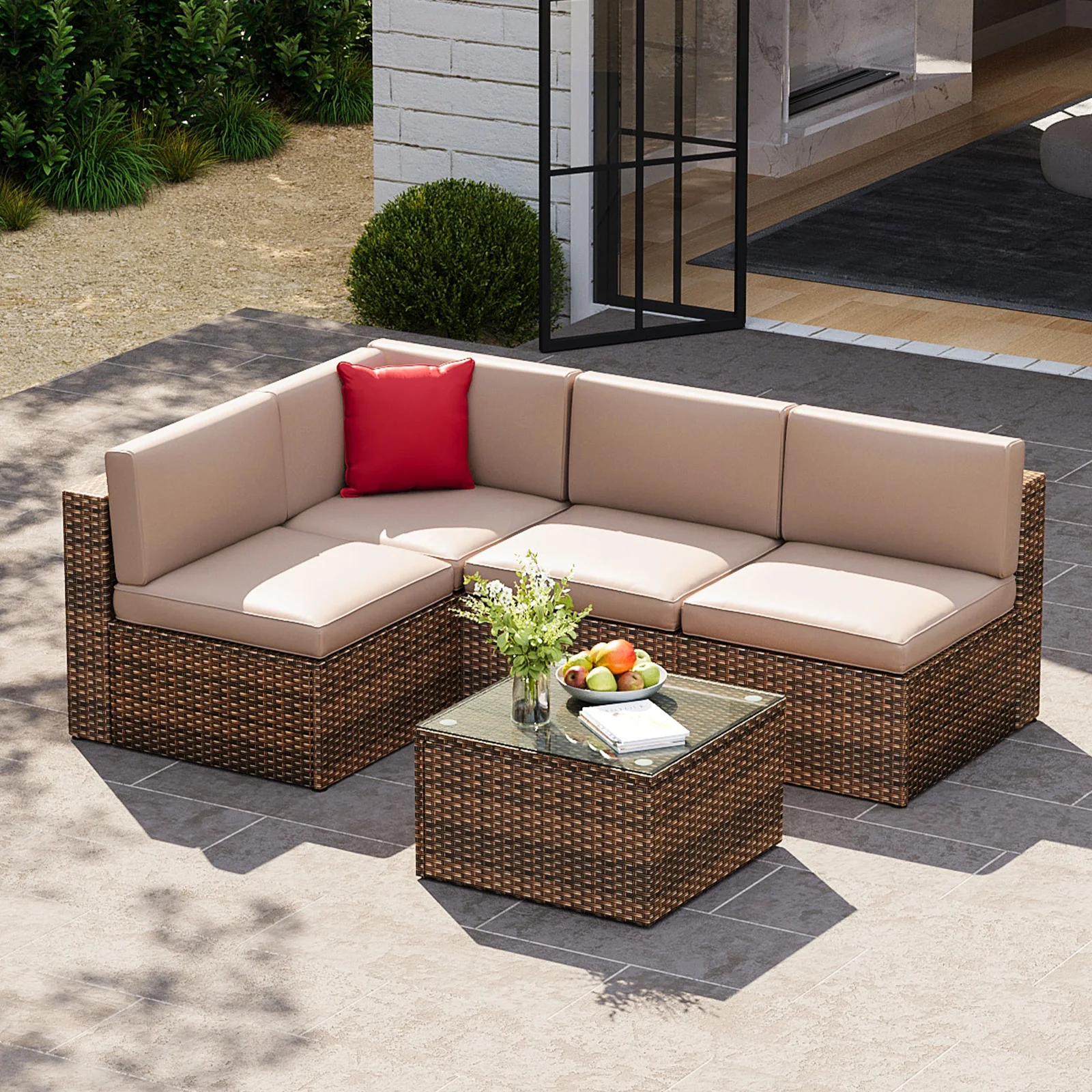 5-Piece Wicker Rattan Conversation Set Outdoor Sectional Sofa Removable Cushions and Tempered Glass Coffee Table (Brown)