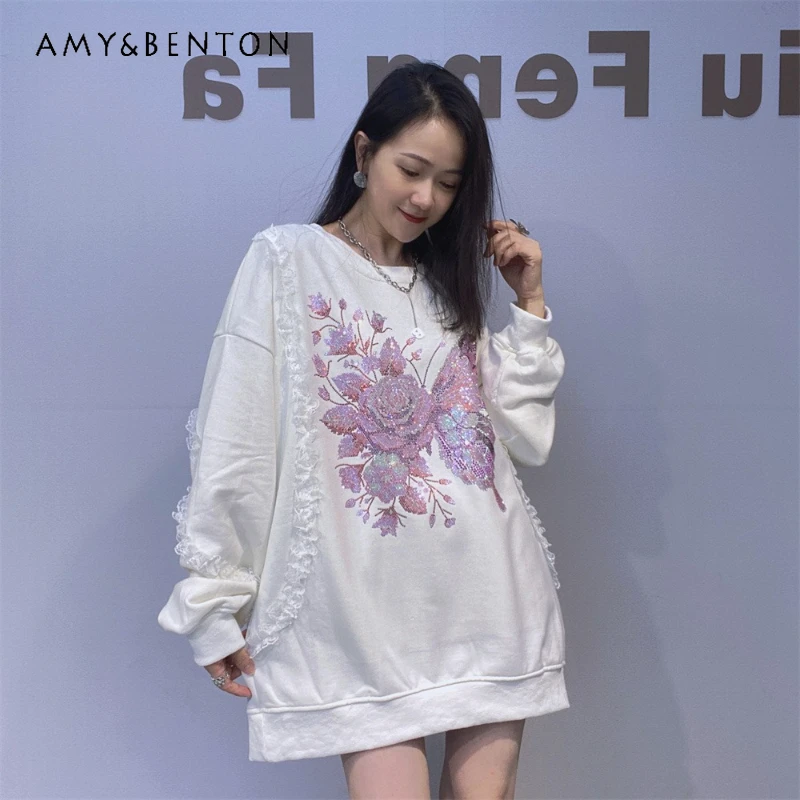 

American Style Round Neck Oversized Sweatshirt Coat Women's Autumn Winter Loose Pullovers Top Rhinestone Autumn O-neck Jacket