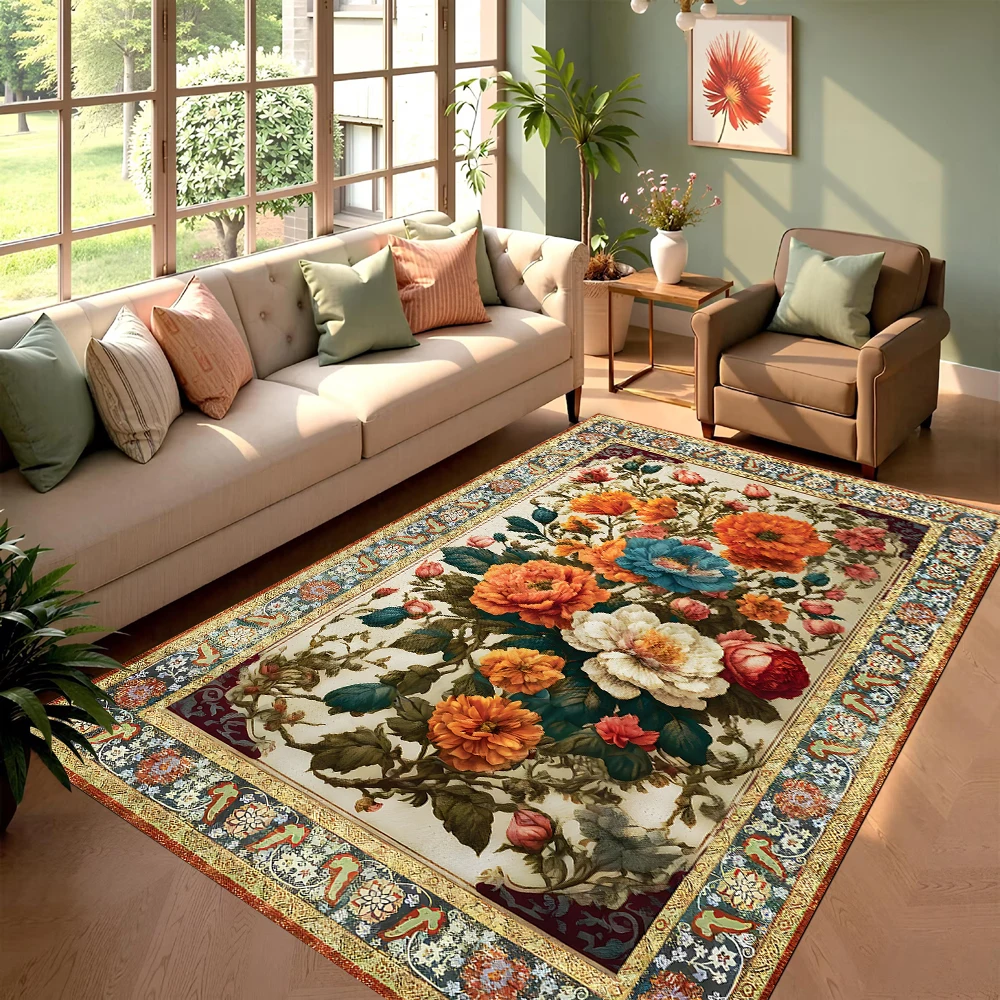 Colorful Floral Vintage Rug European Luxury Style Decor Mat for Living Room Non-Slip Versatile Carpet for Home Space