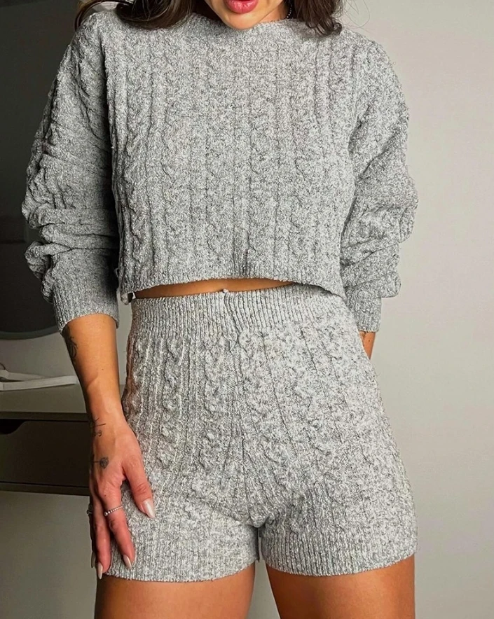 2 Piece Set Women Autumn Winter Crew Neck Long Sleeve Cable Knit Crop Sweater Pullover High Waist Shorts Tracksuits Outfits