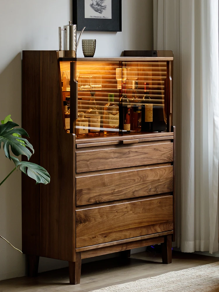 

Black walnut solid wood bedroom chest of drawers integrated living room sideboard, dresser, glass pantry, storage cabinet