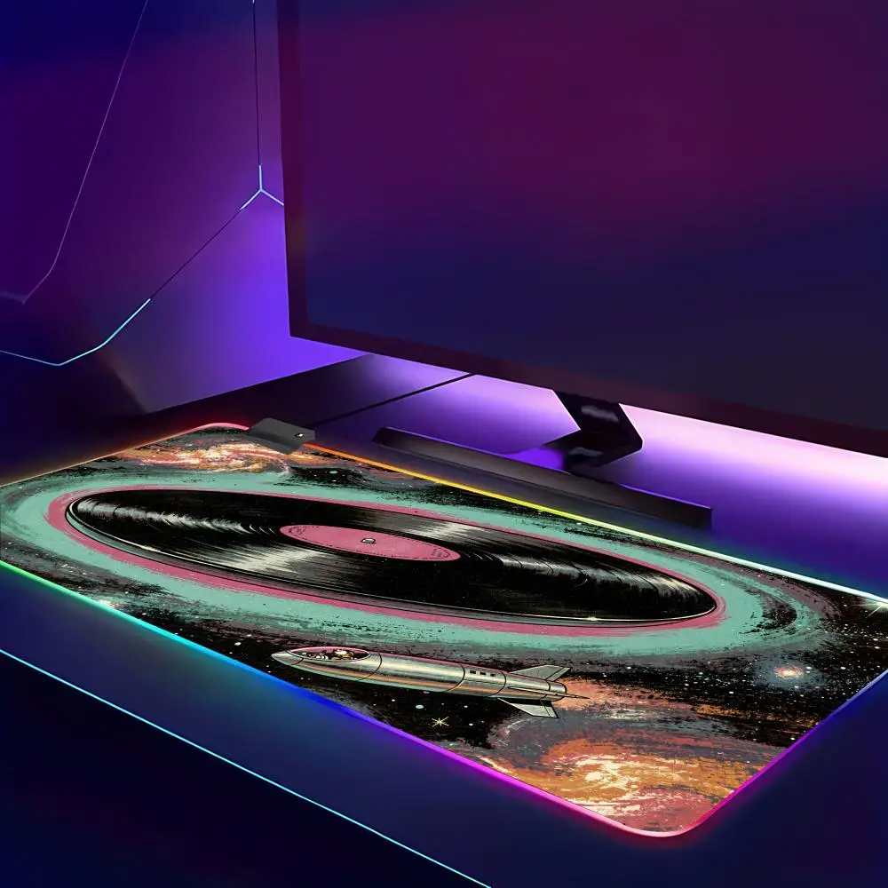 HYBXAXC Retro Vinyl Record Galaxy Space RGB Gaming Mouse Pad HD Gamer Large LED Light XXL PC Computer