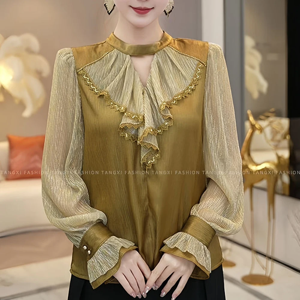 French court style shirt, silk women's long sleeved spring and autumn new  base shirt, temperament high-end satin top