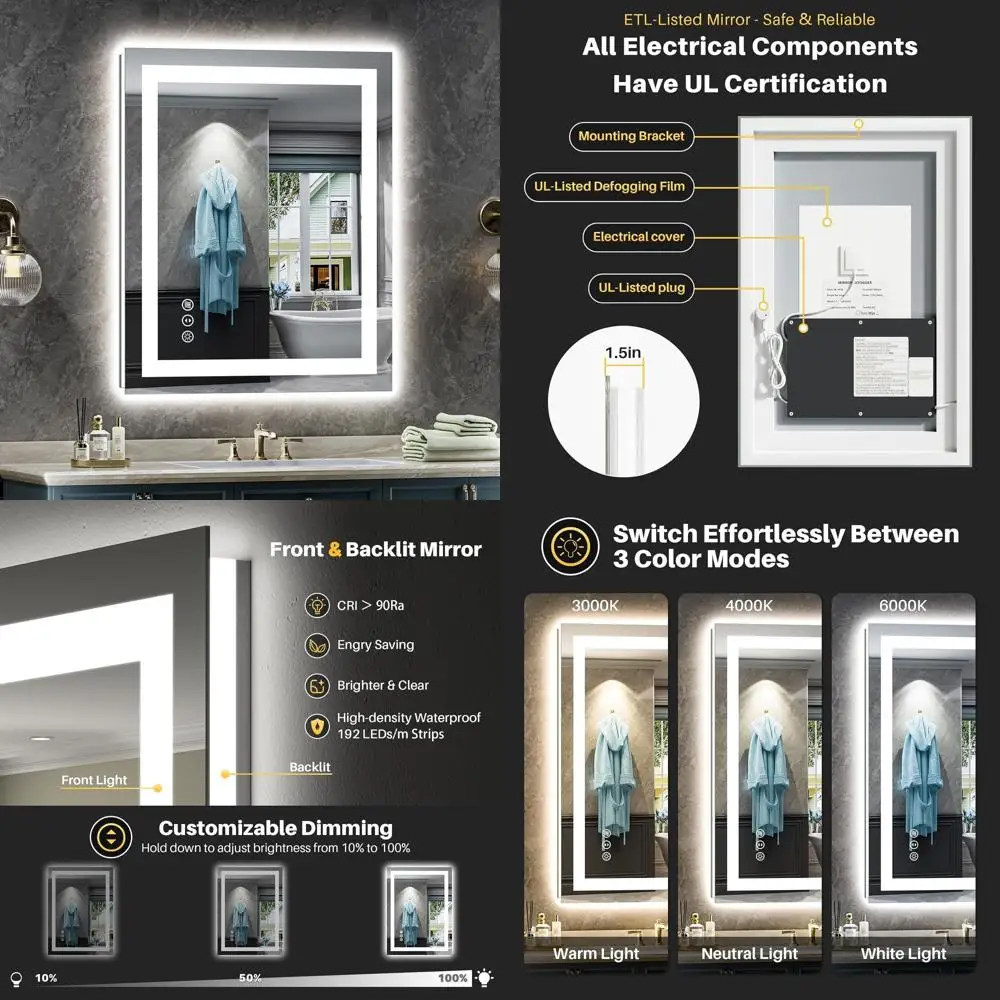 

Зеркало для ванной с LED-подсветкой 24x32 дюйма, с функцией антизапотевания, памятью настройки, регулировкой яркости, из закаленного HD-стекла