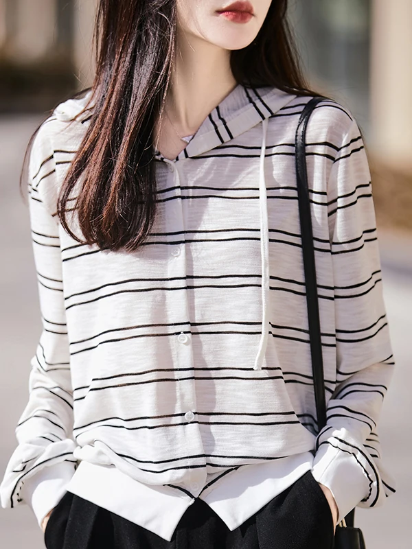 

Spring Summer Casual Lazy Sle Striped Hooded Thin Knitted Long Sve Women's Sun Protection irt with Hood Covering Top
