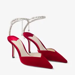 Pointed Red White Crystal Ankle Strap Pumps Women's Summer Wedding New Style Stiletto Rhinestone Sexy Baotou High Heels