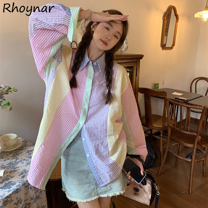 

Chic Candy Color Striped Women Shirts Fashion Young Sweet Sun-proof Thin Coats Girls All-match Lovely Midi Tops Comfortable Ins