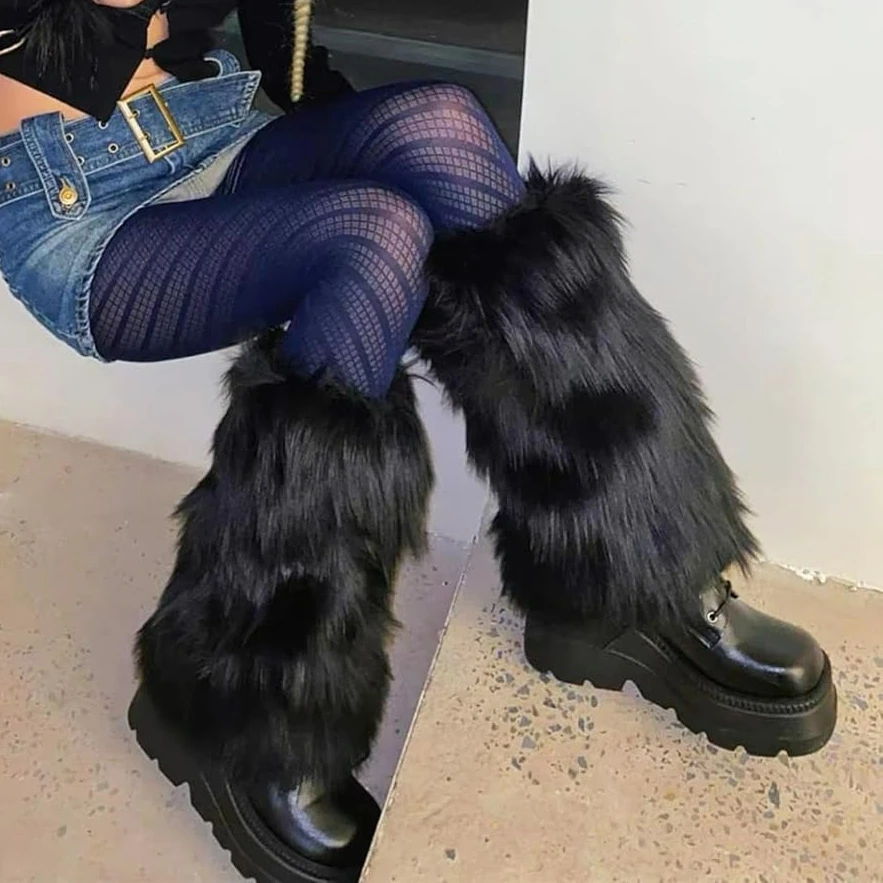 Y2K Goth White Black Faux Fur Leg Warmers Furry Boot Covers Lady Winter Warm JK Knee-length Hipster Warm Sock Fashion Leg Covers