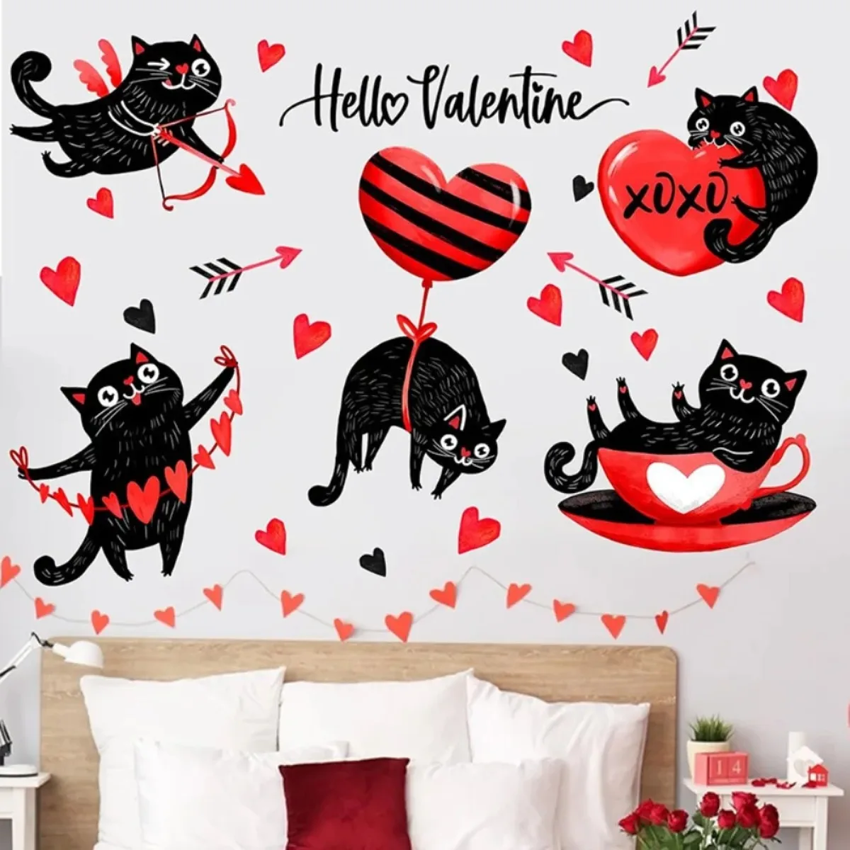 PVC Self Adhesive Valentines Day Wall Stickers Removable Love Cat Balloon Theme Decor Stickers for Wedding Party Home Window