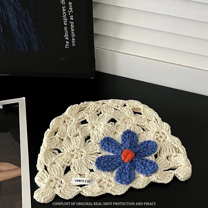 Korean Handmade Crochet Flower Cut-out Pullover Hat Women's Summer Thin Breathable Knit Hats Sweet Short Brim Beanie Caps 4
