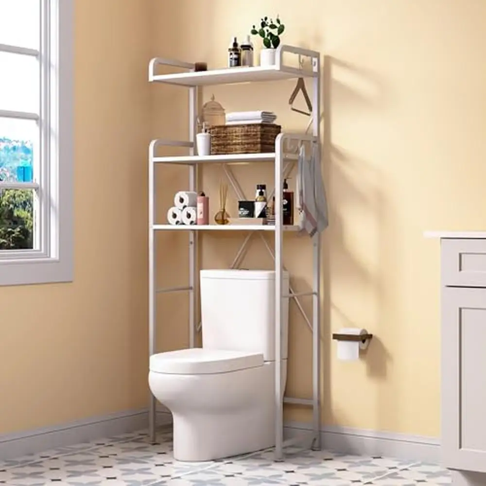 

3-Tier Bathroom Shelves Space Saver Toilet Shelf Hooks Organizer Durable Wood Iron Frame White Waterproof Sturdy Installation