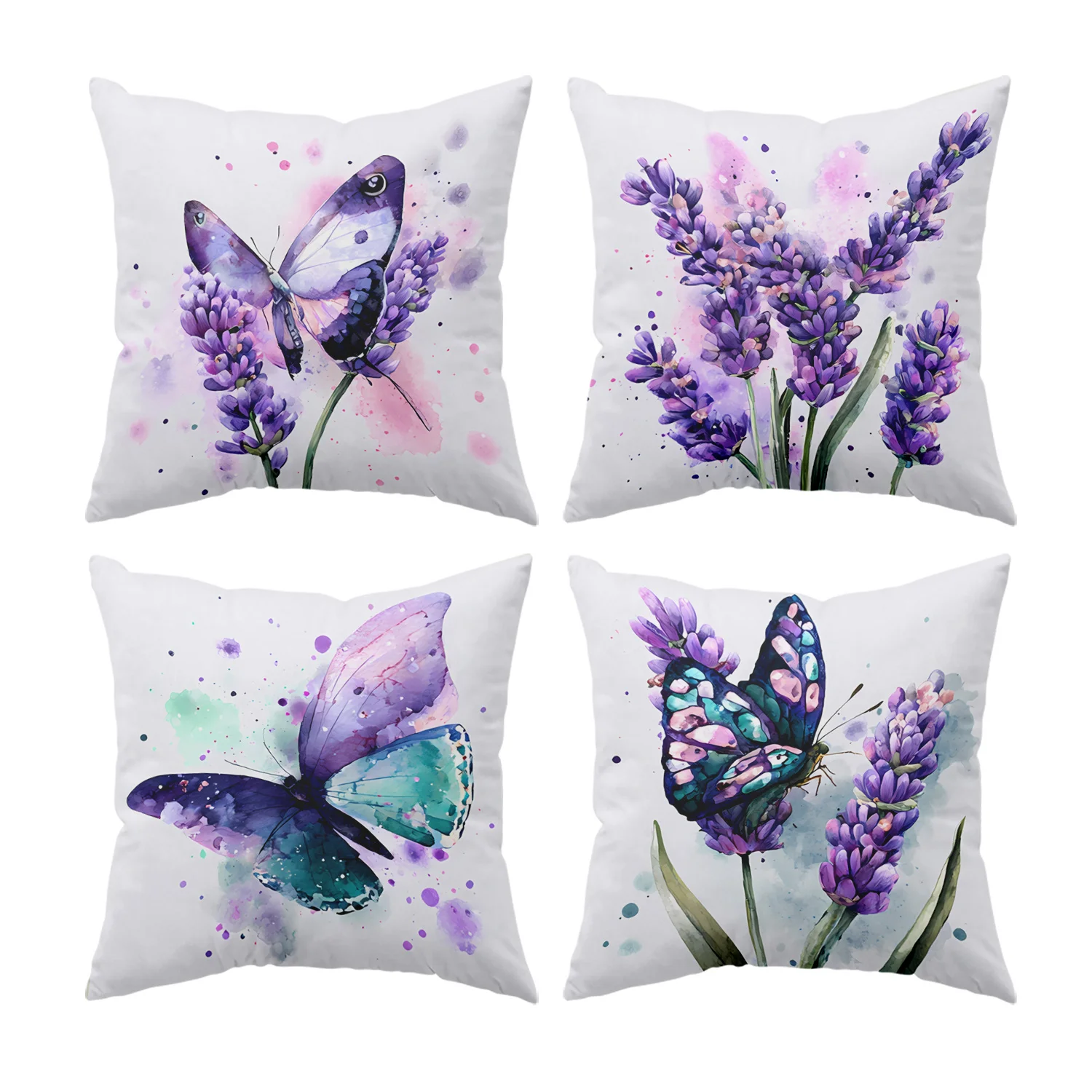 Watercolor Butterfly Lavender Floral Pillowcase Cover Set 4PCS 40x40cm Cottagecore Bohemian Nature Home Decor Cushion Accent