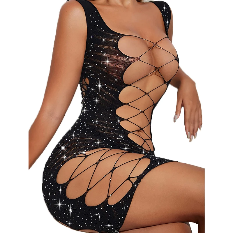Women's Hollow Out Bodysuit Red Mesh Open Bra Sexy Fishing Net Dress See Through Sleeveless Underwear Sex Double Sided Nightgown view 4