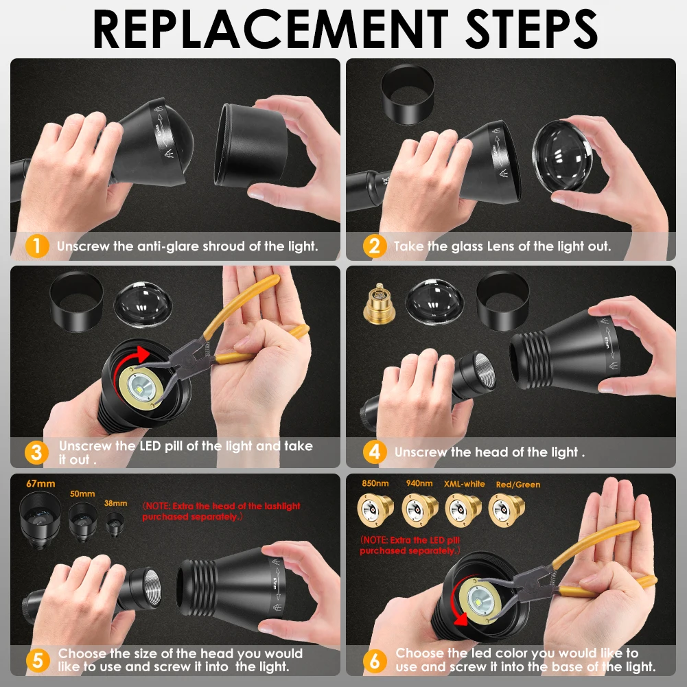 UniqueFire Drop in White Red Green IR850 940nm Light LED Pill 3 Mode Module Replacement for UF-1801 Hunting LED Torch Flashlight