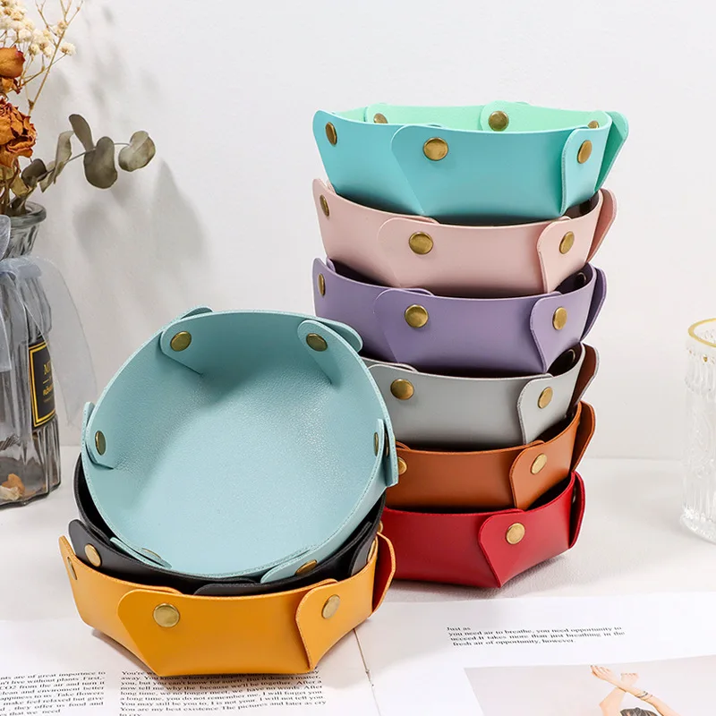 Button Type Folding Round Storage Box, Jewelry Leather Tray, Cosmetics and Key Storage Tray, Korean Version