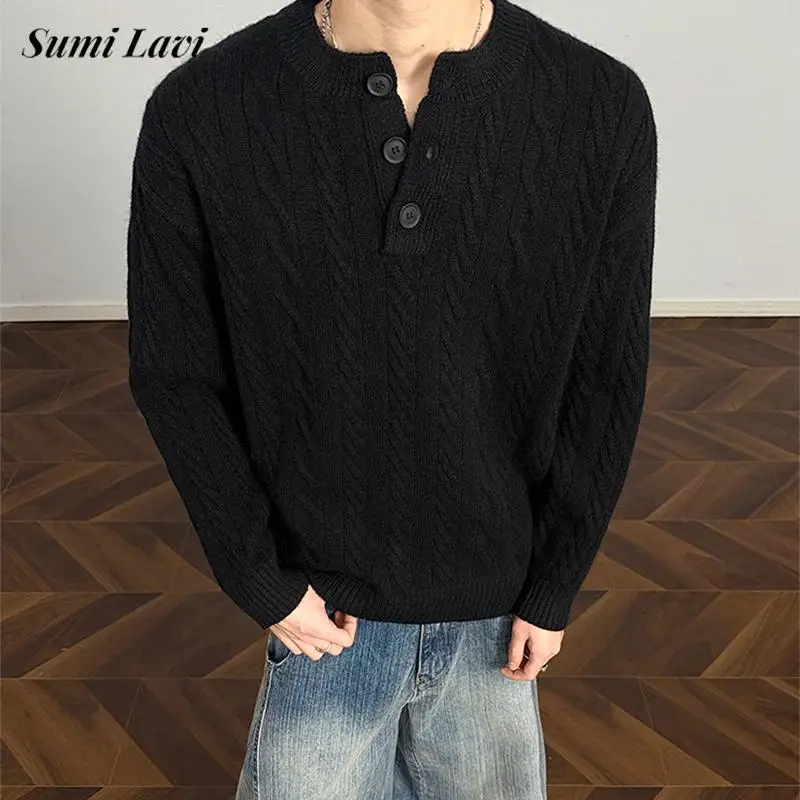 

Fashion Twist Jacquard Knit Sweaters Men Fall Winter Casual Solid Color Buttoned Henley Neck Knitted Shirt Mens Vintage Sweater