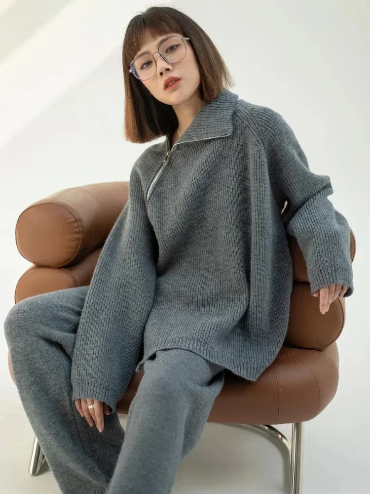 Autumn Winter Knitted Two Piece Set Women High-neck Zipper Sweaters Wide-leg Pants Suit Solid Turtleneck Sets for Women 2 Pieces