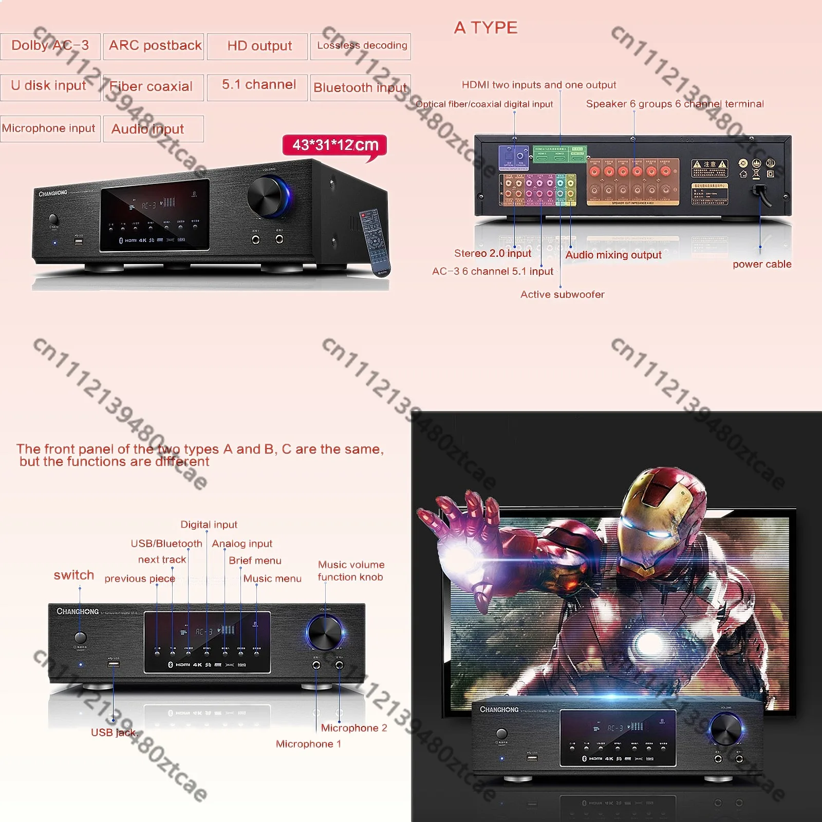 Усилитель мощности для домашнего кинотеатра 900 Вт, 220 В, Hi-Fi 5.1, Bluetooth, KTV, караоке, декодирование Dolby AC-3 без потерь