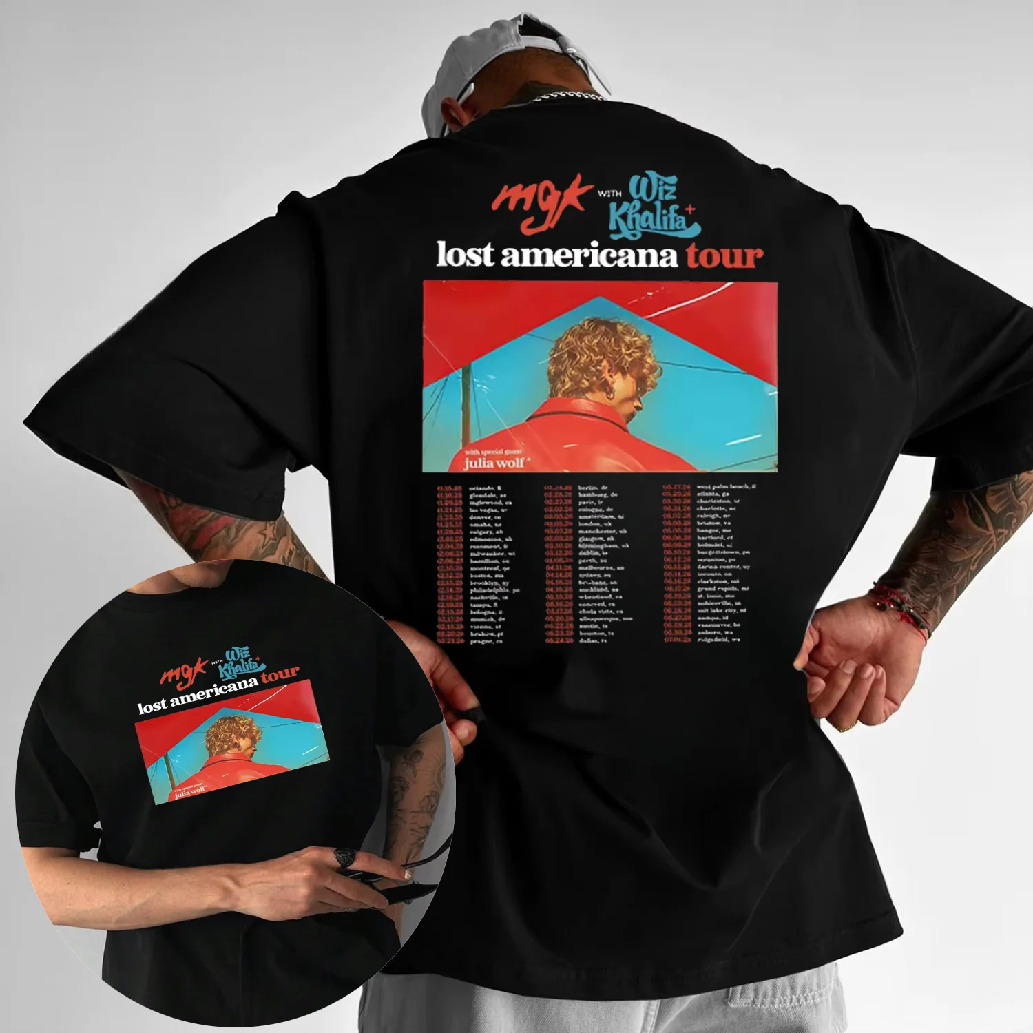 مغني الراب Mgk Lost Americana Tour 2025 الصيف الجرافيك 100% القطن الخالص تي شيرت مطبوع الرجال الهيب هوب قصيرة الأكمام ريترو الشارع الشهير