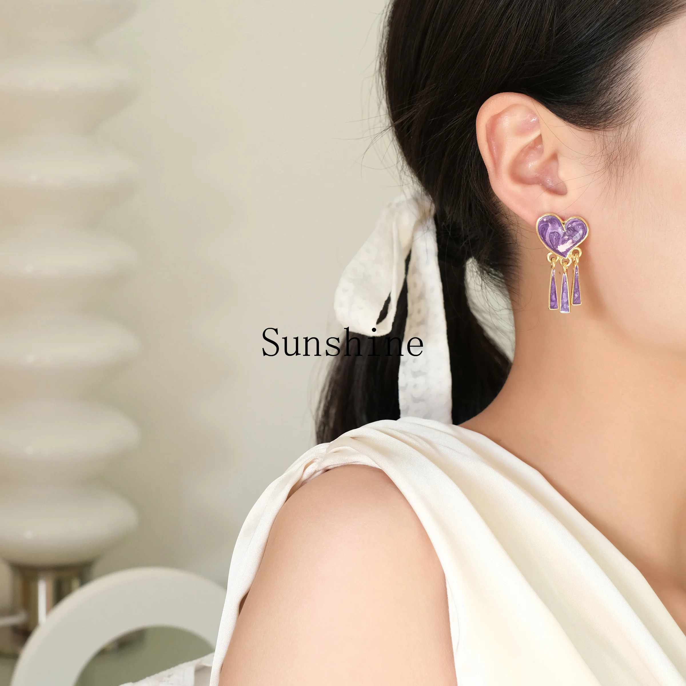 Purple love long fringed temperament earrings trendy ear clips