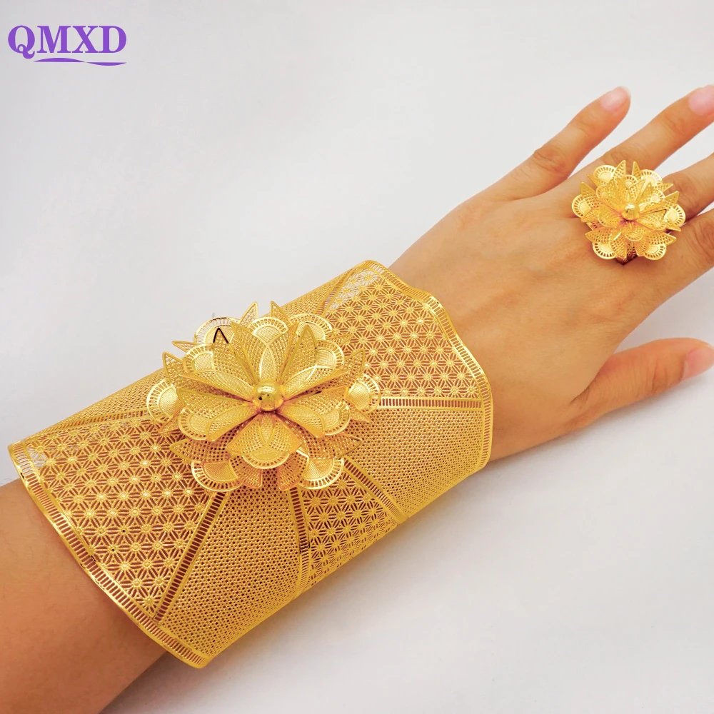 Dubai Flower Shape Bangles With Ring For Moroccan Big Bracelet Indian Bracelet Adjustable Bracelet African Wedding Bride Gifts