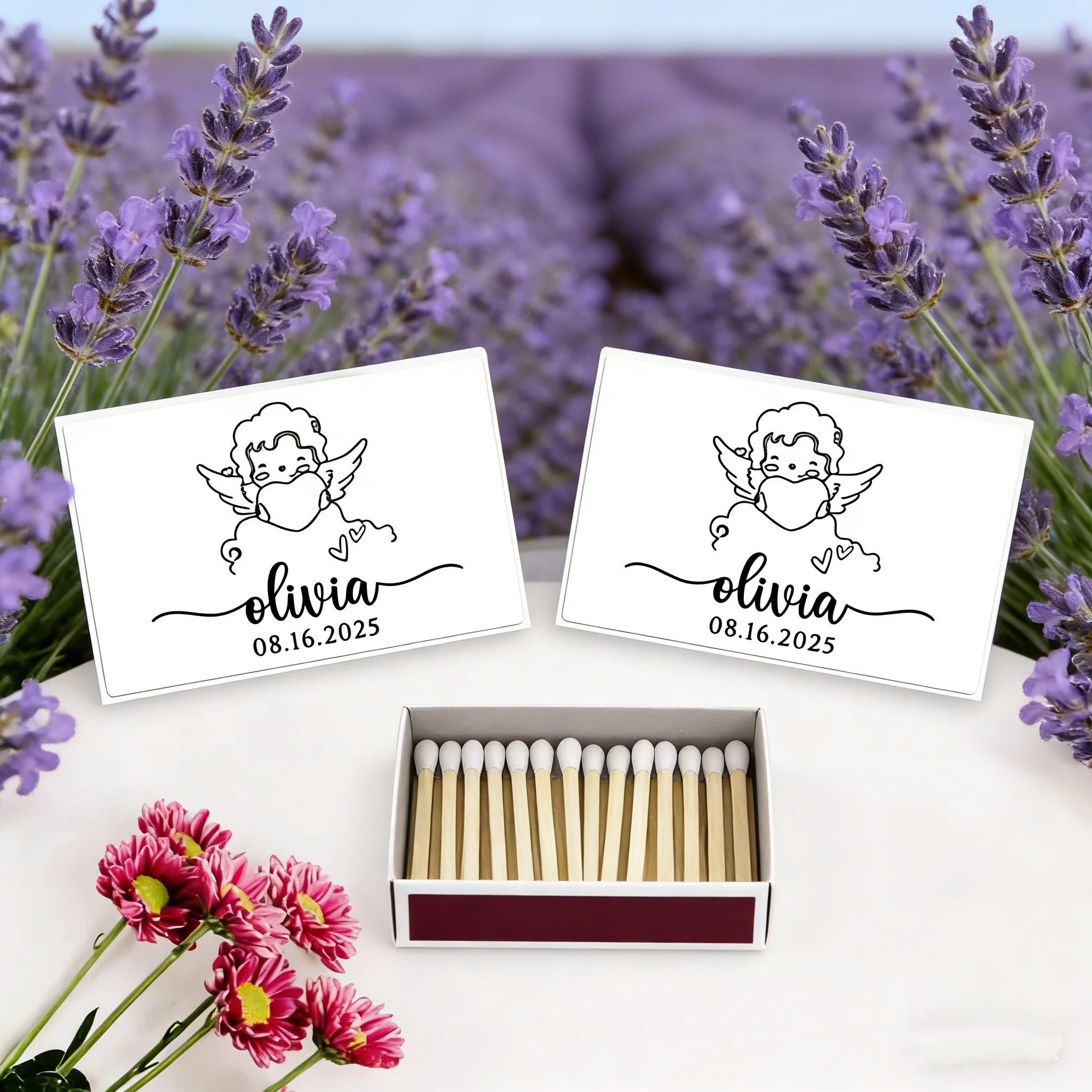 

Personalized Baby Announcement Matchboxes, Custom Cherub Baptism Party Favors & Kid Gifts