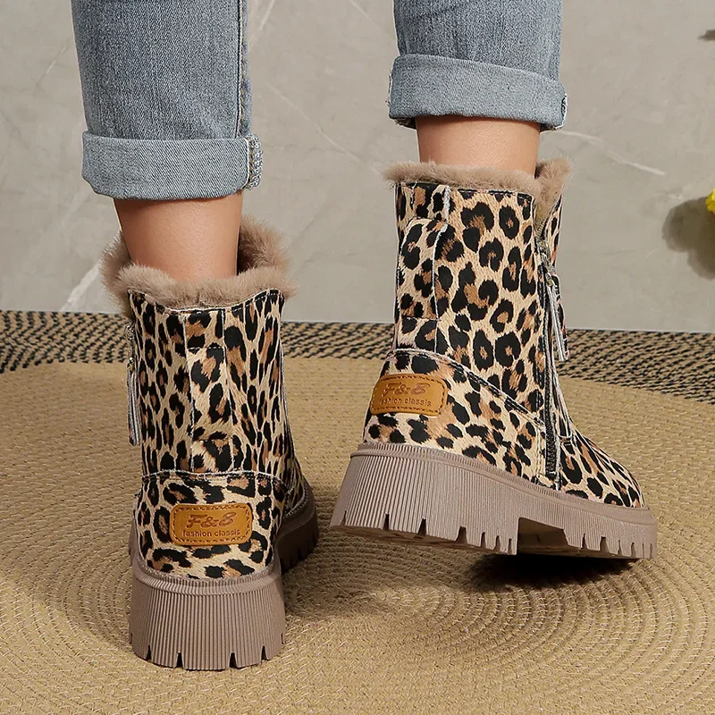 Thick Bottom Leopard Ankle Boots Women 2023 Winter Warm Thick Plush Snow Boots Woman Non Slip Platfrom Booties Mujer