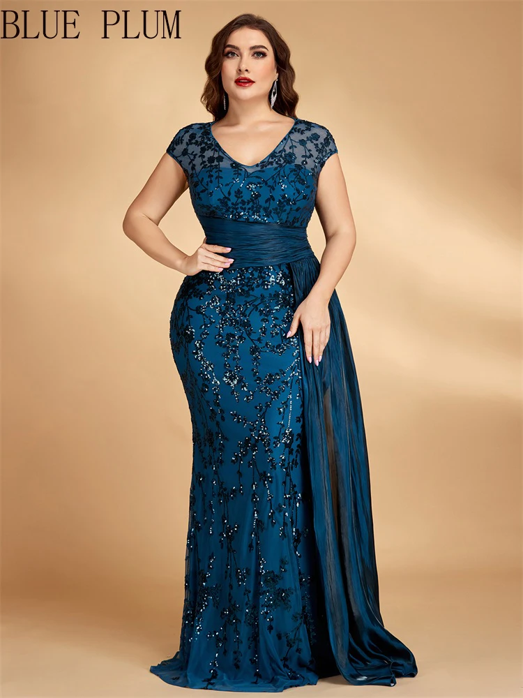 

BLUEPLUM Plus Size Elegant Cap Sleeves Sequins Patchwork Ribbon Formal Evening Dresses Luxury V-neck Floor-Lenght Party Gowns