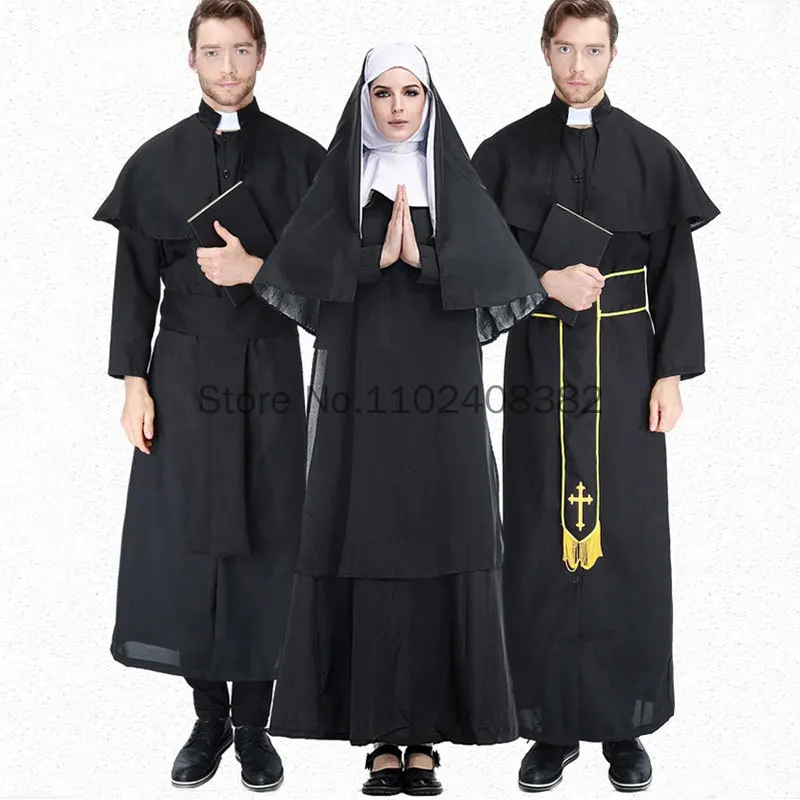 

1PC Adult Women Traditional Nuns Costumes Black Robe Religious Catholic Priest Sister Clothes Cosplay Party Dress