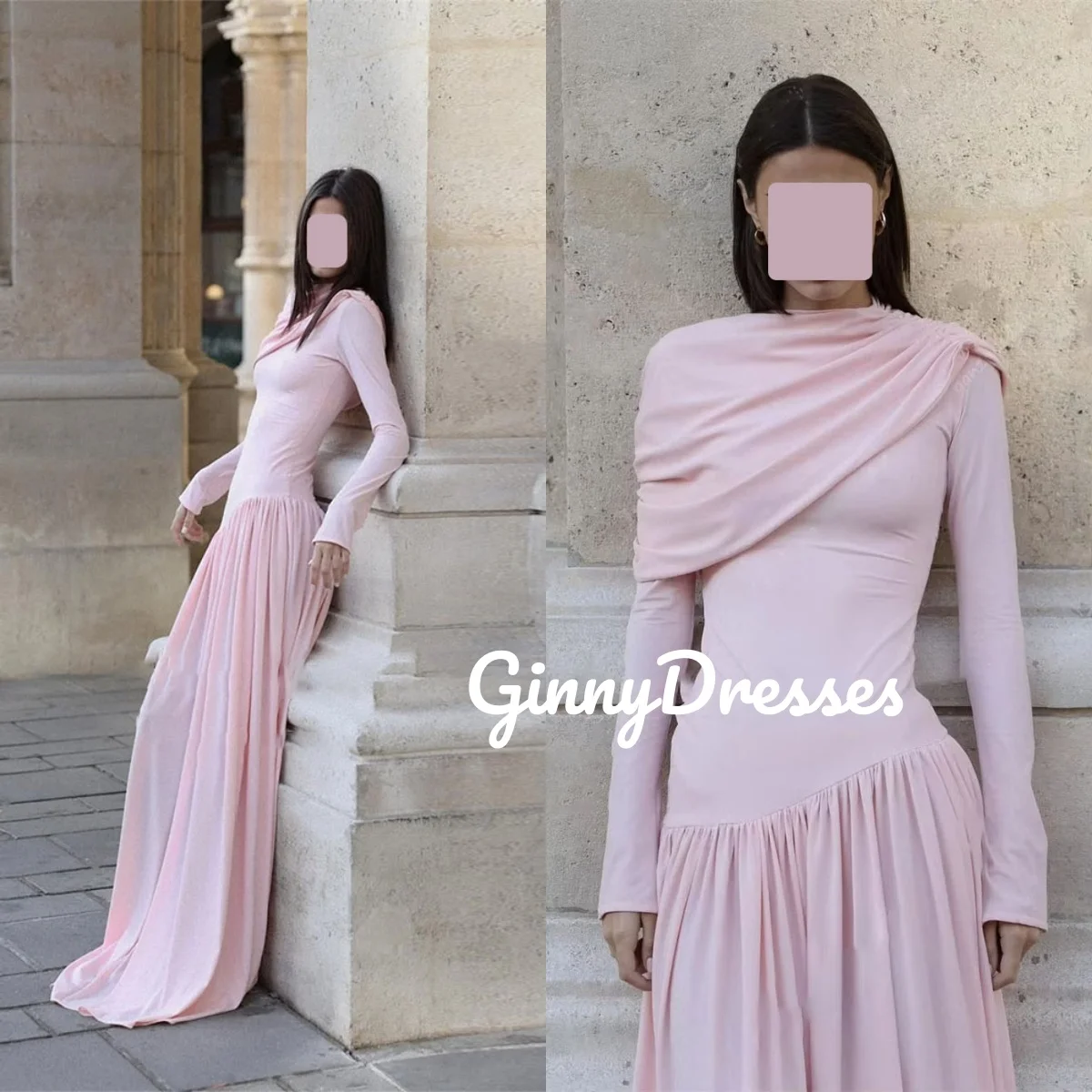 

Party Dresses Customize Pink A-Line Scoop Neckline Zipper Up Elegant Party Dresses For Women Ruffle Long Sleeves Floor-Length