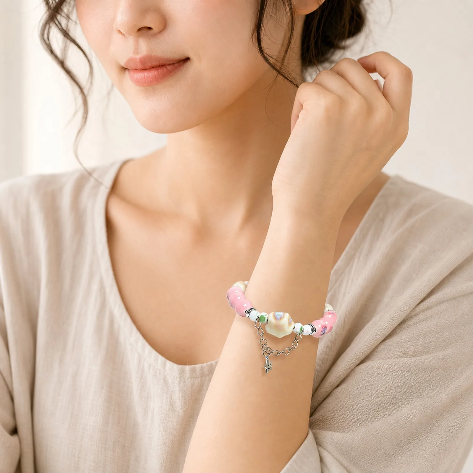 Handmade Ceramic Star Bead Stretch Bracelet Dream Star Woven Metal Accent Jewelry Gift Elastic Cord Y260713-13