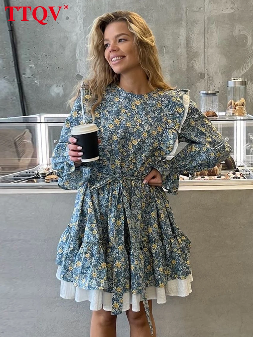 

TTQV Fashion Loose Print Women Dress 2026 Spring O-Neck Long Sleeve Mini Dresses Elegant Classic Pleated Female Dress Streetwear