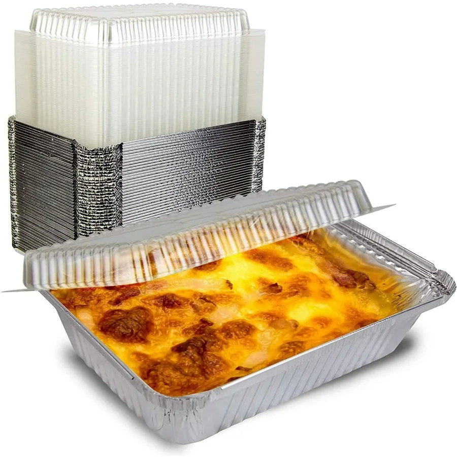 Sartén oblonga de aluminio de 2,25 libras con tapa de tablero, sartenes oblongas desechables de papel de aluminio para hornear pasteles, 100 latas reciclables, contenedores perfectos