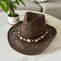 Summer Bohemian Shell Straw Hat Beach Women Men Cowboy Hats Wooden Beads Hollow Out Western Wide Brim Sun Hat Holiday Cap - Image 4