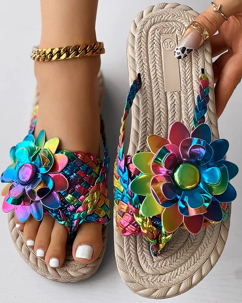 Women Fashion Casual Shoes Flat Vacation Holiday Holographic Braided Floral Pattern Toe Post Beach Flip Flops