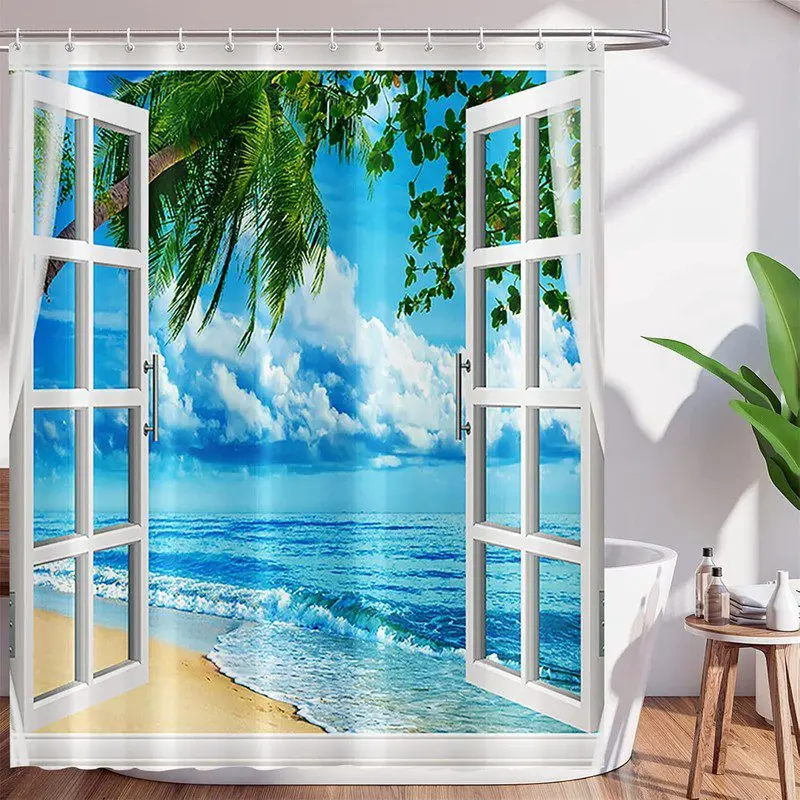 tropical beach shower curtain with open window ocean view and palm trees for relaxing bathroom decor vacation style Quick Setup